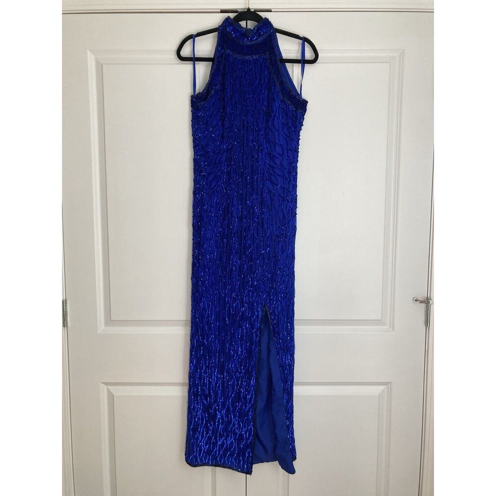 Vintage Laurence Kazar Column Gown Blue Sequin Silk Formal Dress Size Medium